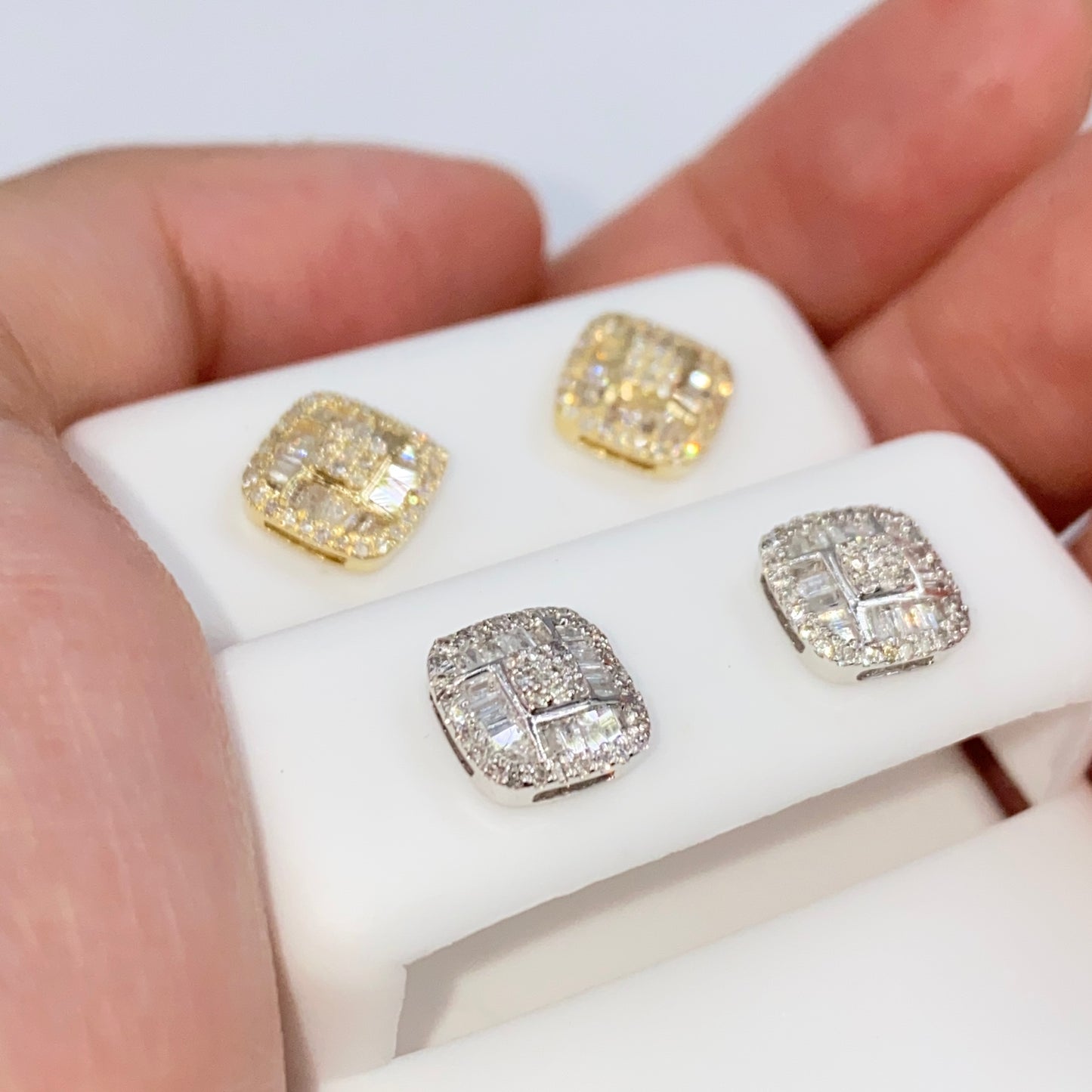 14K 8MM Rounded Square Diamond Baguette Earrings
