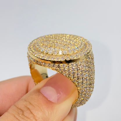 14K Iced Circle Pave Diamond Signet Ring