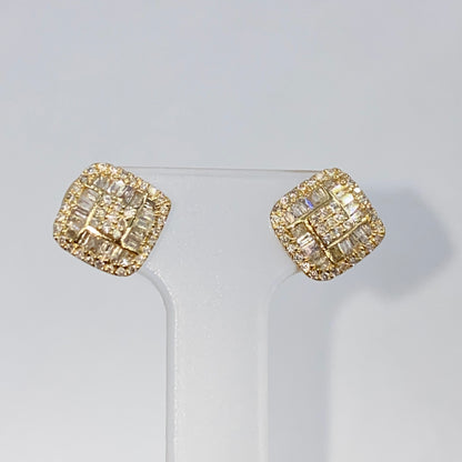 14K 8MM Rounded Square Diamond Baguette Earrings