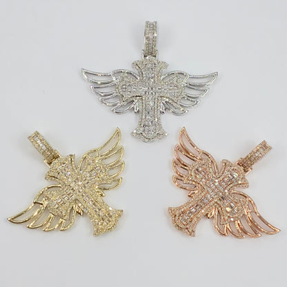 10K Angel Wings Cross Diamond Baguette Pendant