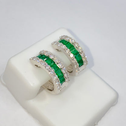 18K Emerald Hoop Diamond Earrings