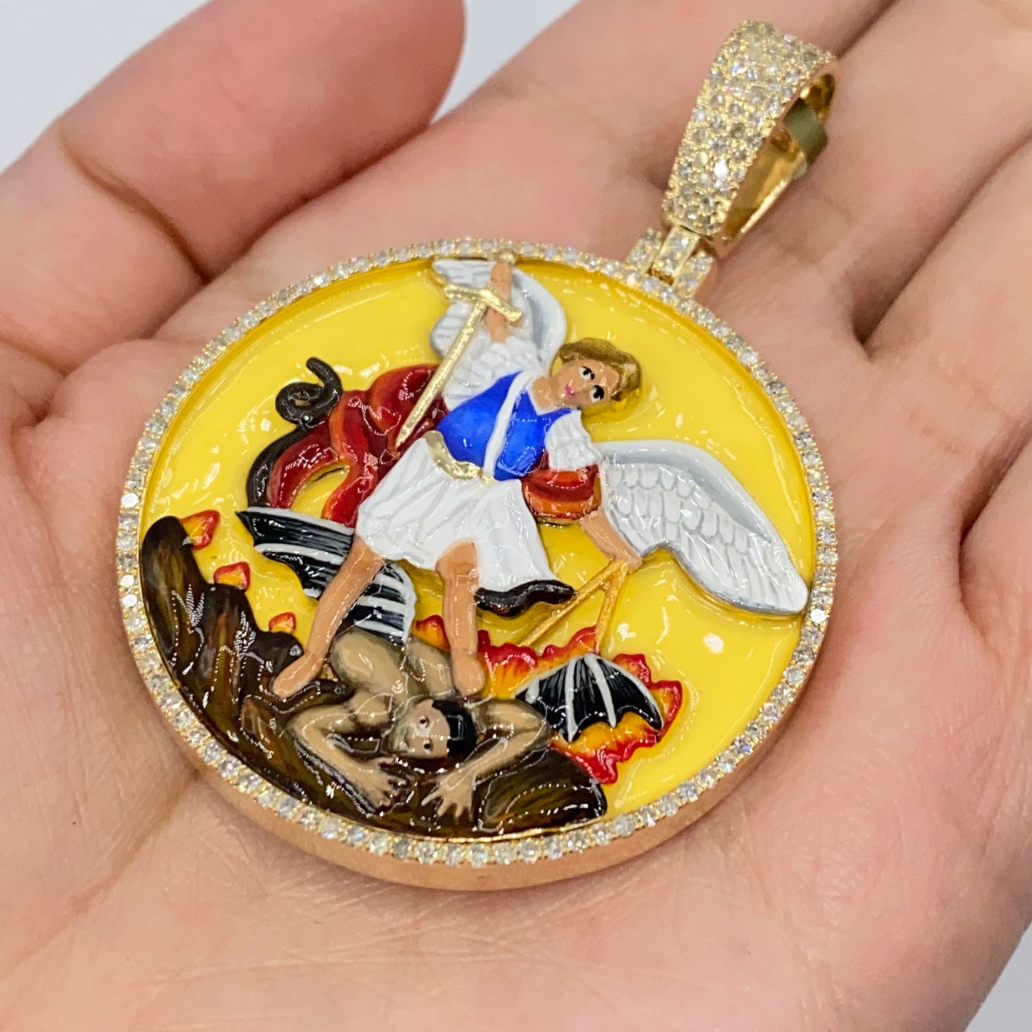 10K Saint Michael Circle Enamel Diamond Pendant