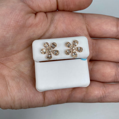 14K Flower Baguette Diamond Earrings