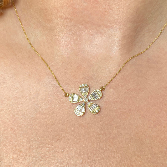 14K Large Daisy Flower Diamond Baguette Necklace