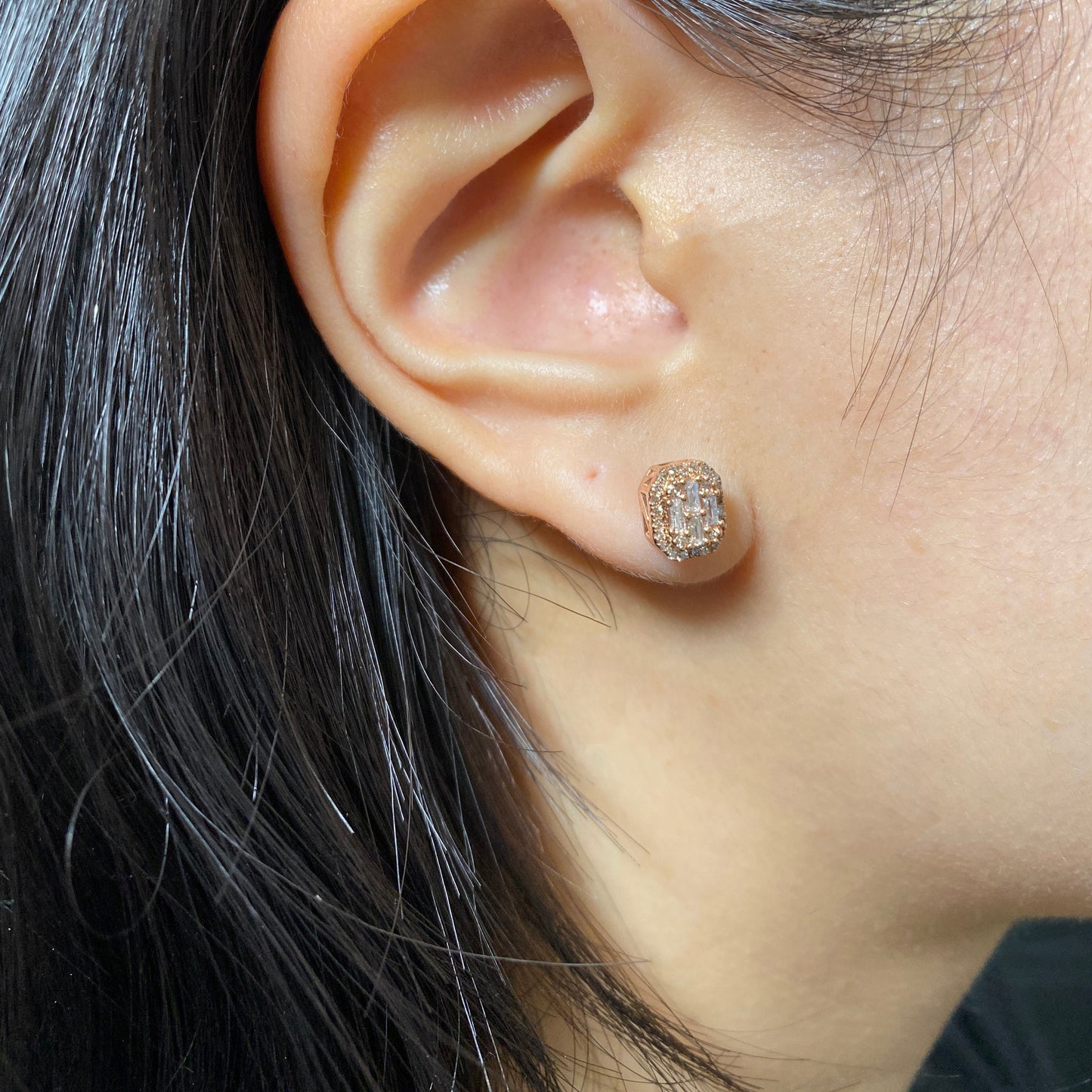14K Small Rectangle Rounded Halo Diamond Baguette Earrings