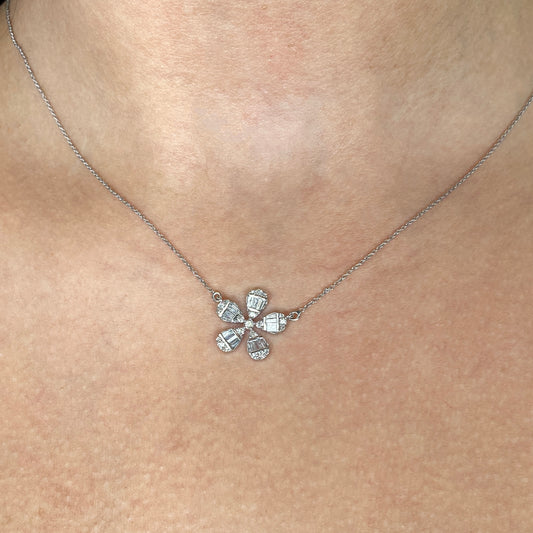 14K Daisy Flower Diamond Baguette Necklace