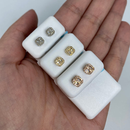 14K Square Rounded Diamond Baguette Rows Earrings