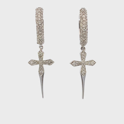 14K Pave Cross Diamond Hoop Earrings