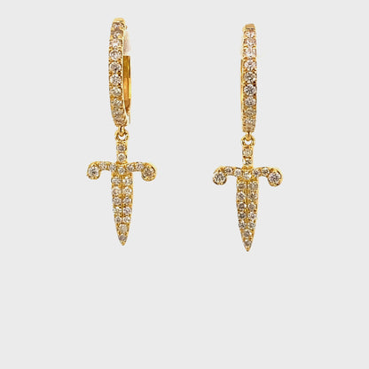 14K Pave Dagger Diamond Hoop Earrings