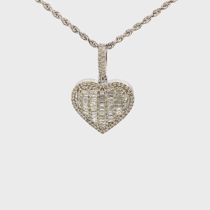 14K Heart Halo Diamond Baguette Pendant