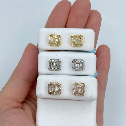 14K Square Box Diamond Baguette Earrings