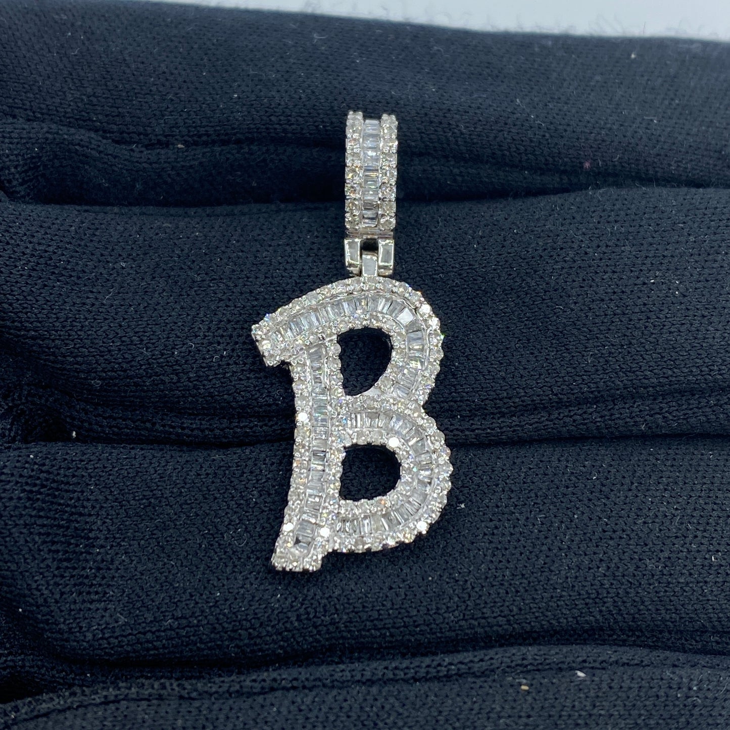 14K Initial B Diamond Baguette Pendant