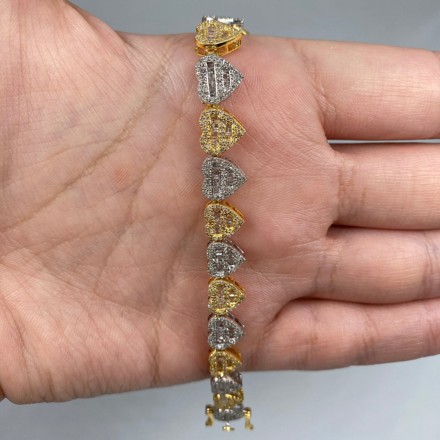 10K 9MM Multi-Color Hearts Link Diamond Baguette Bracelet 6.5-7.5