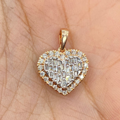 14K Baguette Heart with Pave Diamond Halo Pendant