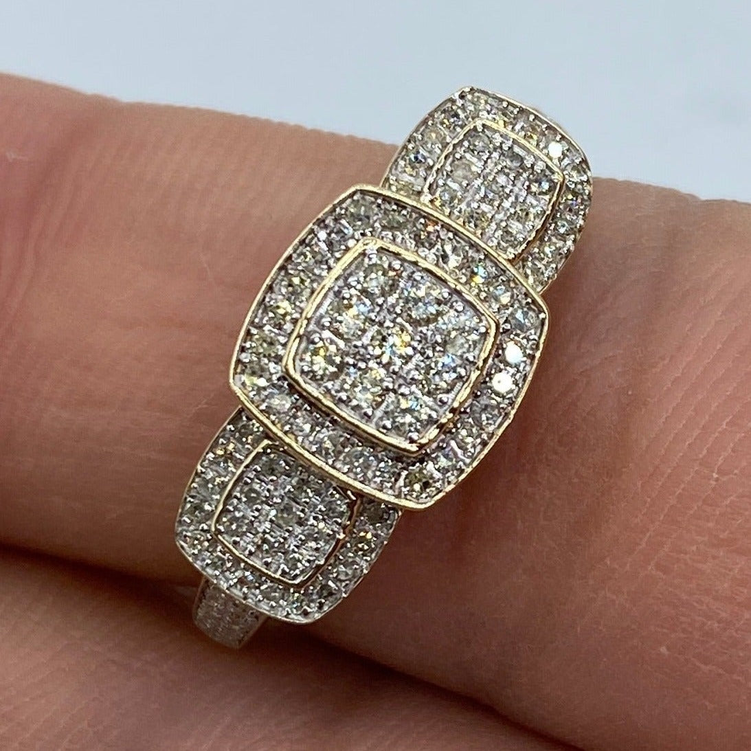 14K Rounded Tri-stone Square Cluster Diamond Engagement Ring