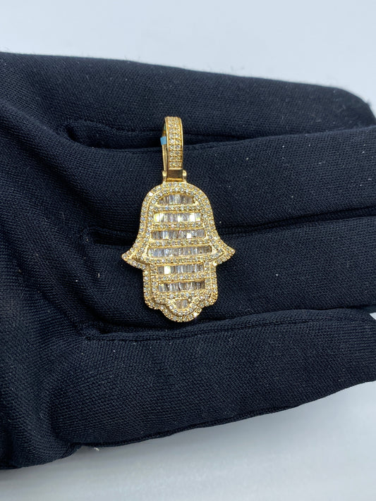 14K Hamsa Solid Diamond Baguette Pendant