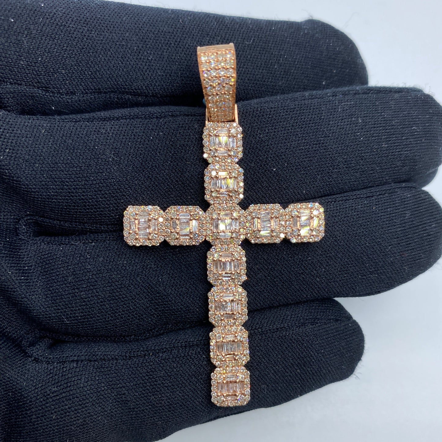 14K Square Cross Diamond Baguette Pendant