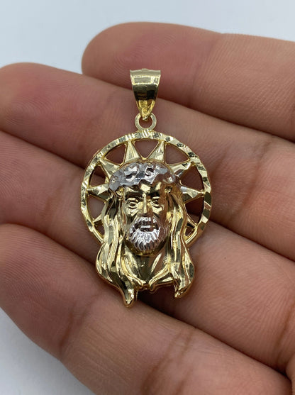 14K Jesus Head With Halo Pendant 1.5"