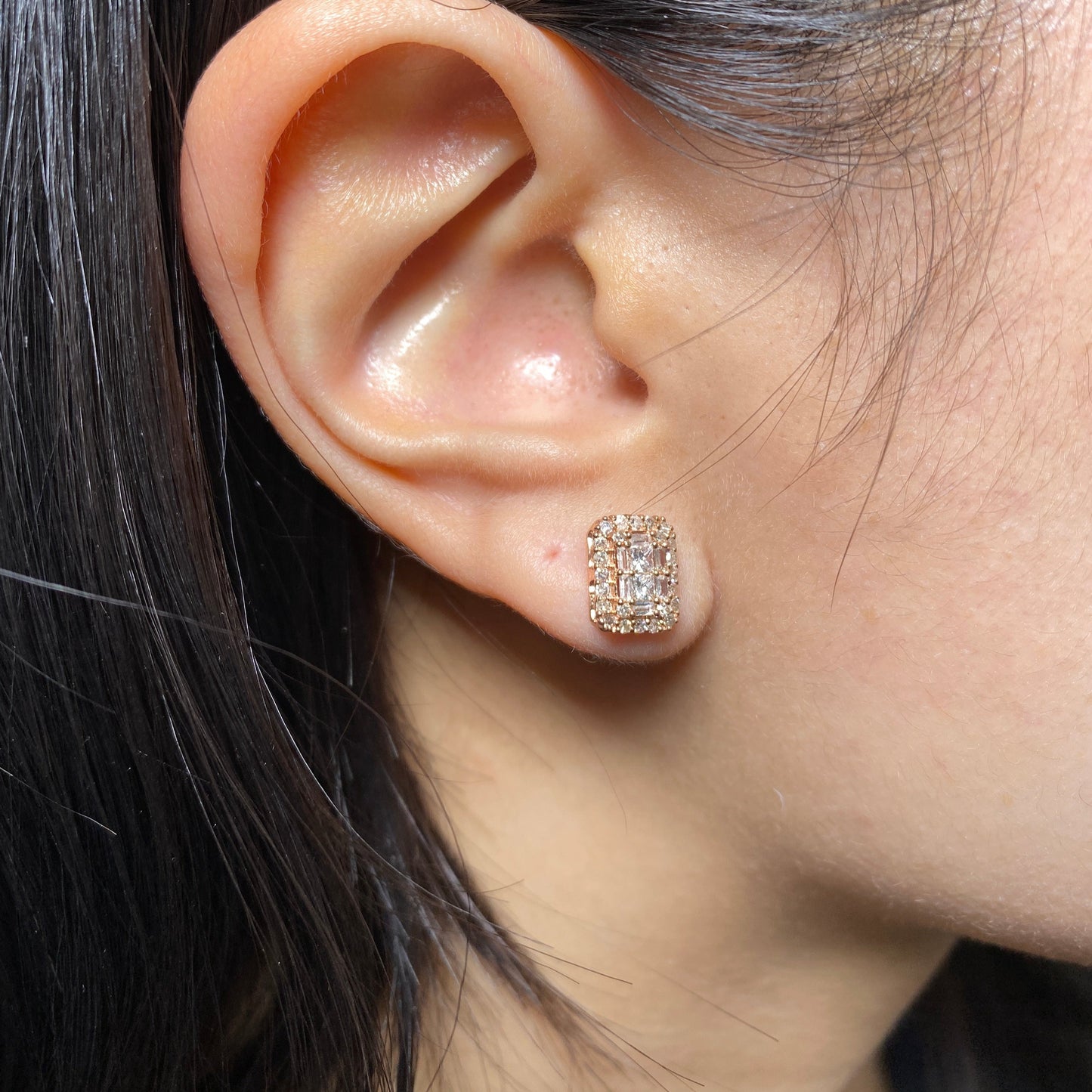 14K Rectangle Diamond Baguette Castle Earrings