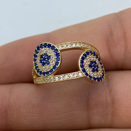14K Blue Flower Twin Evil Eye Diamond Ring
