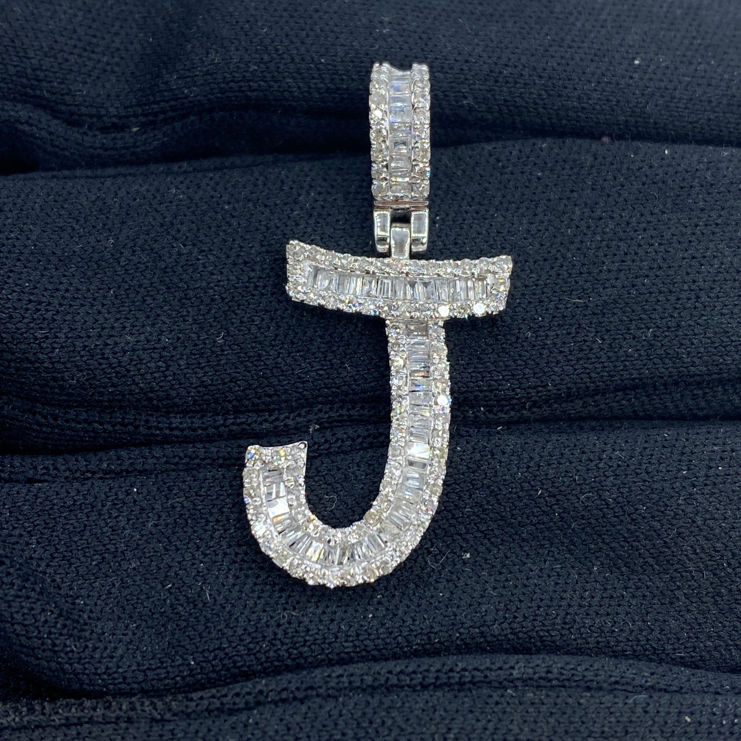 14K Initial J Diamond Baguette Pendant