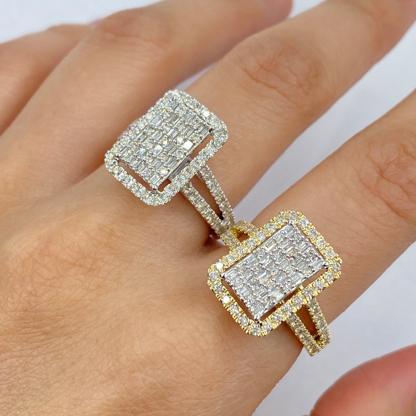 14K Rectangle Halo Diamond Baguette Ring