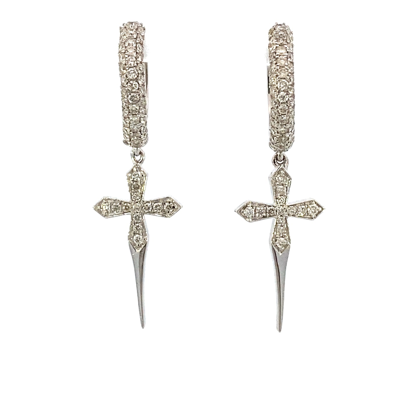 14K Pave Cross Diamond Hoop Earrings