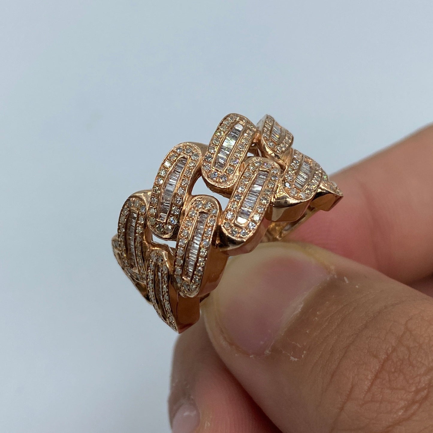 14K Round Diamond Baguette Cuban Link Ring 1.6ct