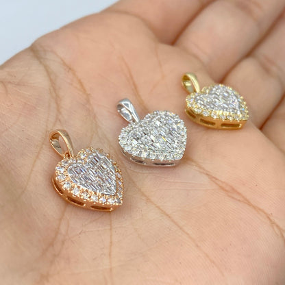 14K Baguette Heart with Pave Diamond Halo Pendant