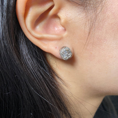 14K Large Rectangle Rounded Halo Diamond Baguette Earrings