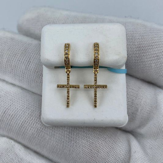 14K Hanging Cross Dangle Diamond Earrings