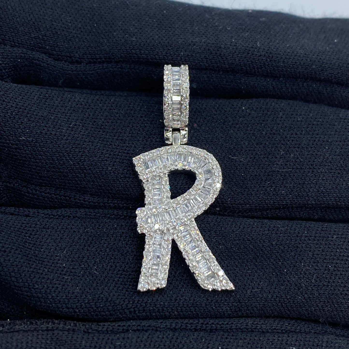 14K Initial R Diamond Baguette Pendant