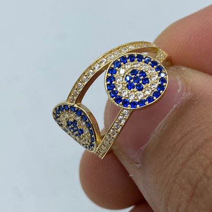 14K Blue Flower Twin Evil Eye Diamond Ring