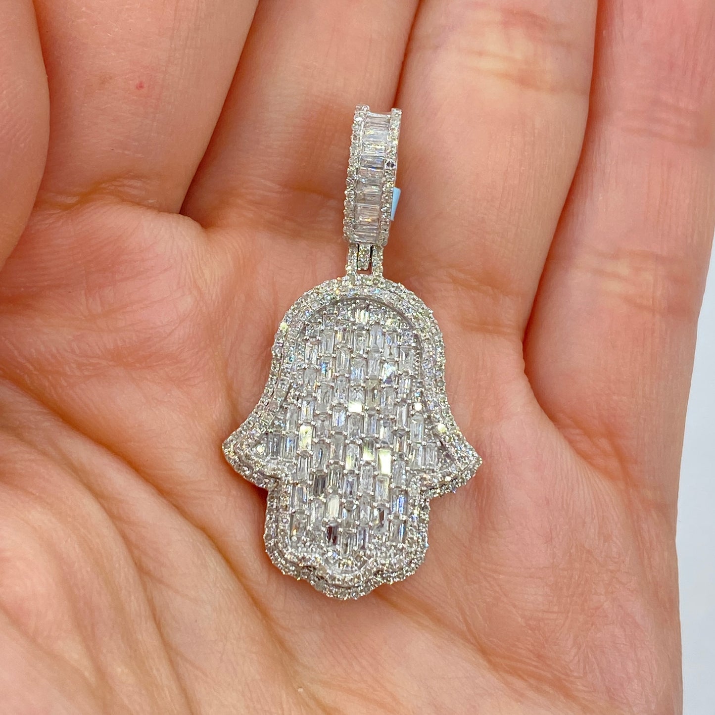 14K Hamsa Emerald Cut Diamond Pendant