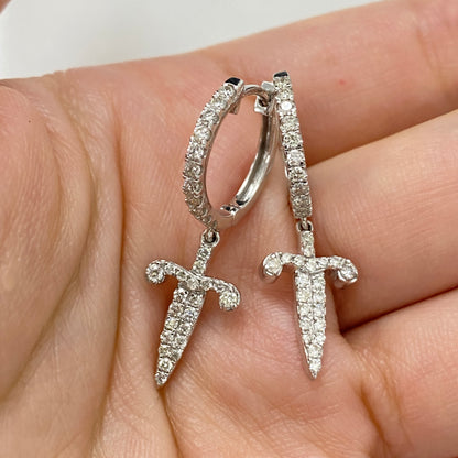 14K Pave Dagger Diamond Hoop Earrings