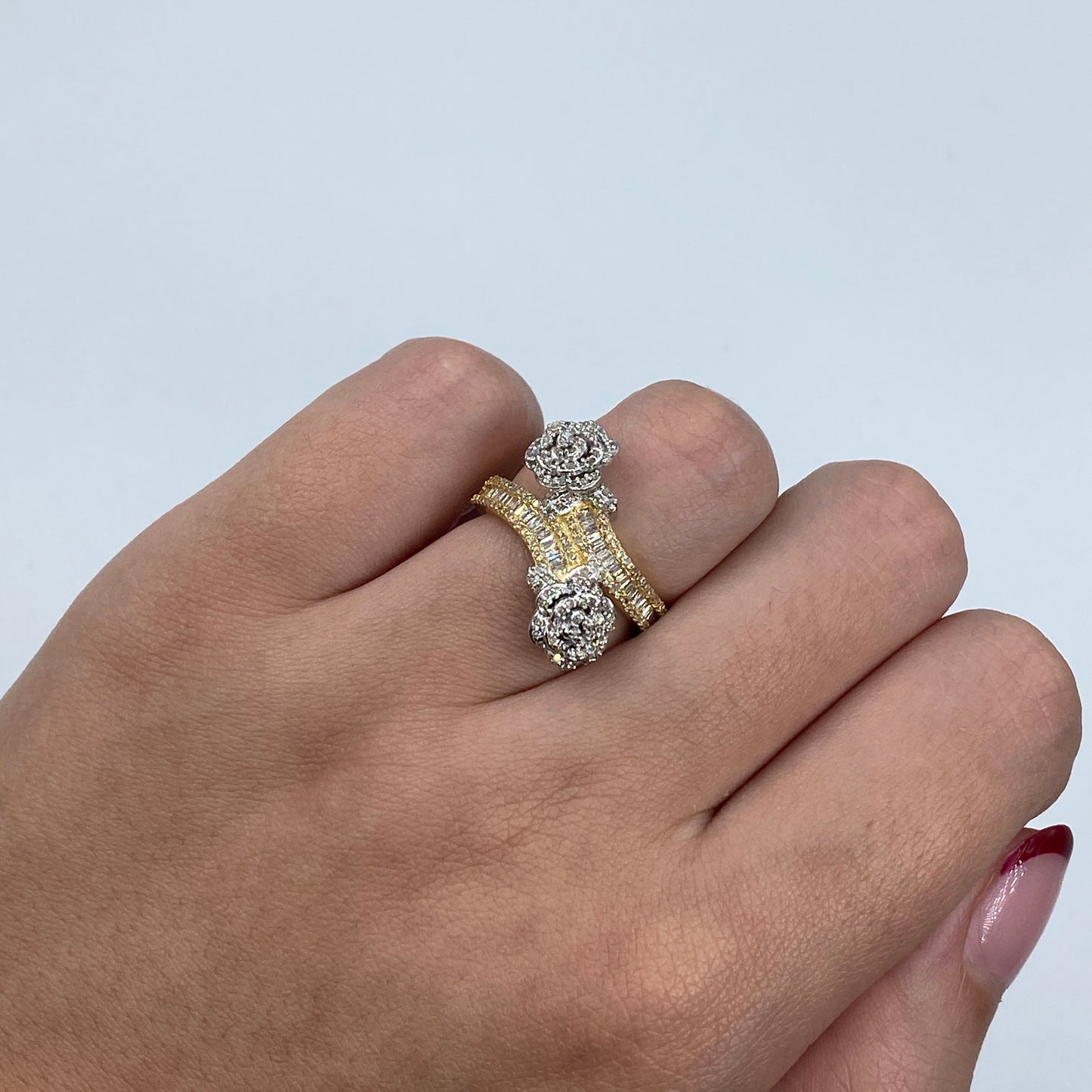 14K Two-Tone Flower Diamond Baguette Bangle Ring