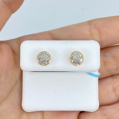 14K Gold 3D Circle Halo Diamond Baguette Earrings