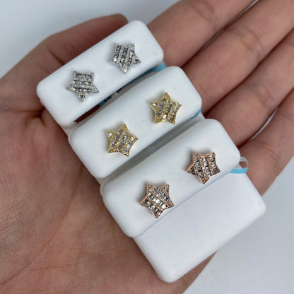 14K Star Stacked Diamond Baguette Earrings