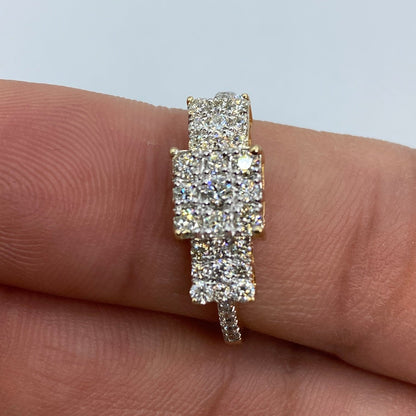 14K Tri-stone Square Cluster Diamond Engagement Ring