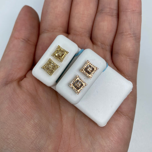 14K Square Crown Diamond Baguette Stud Earrings