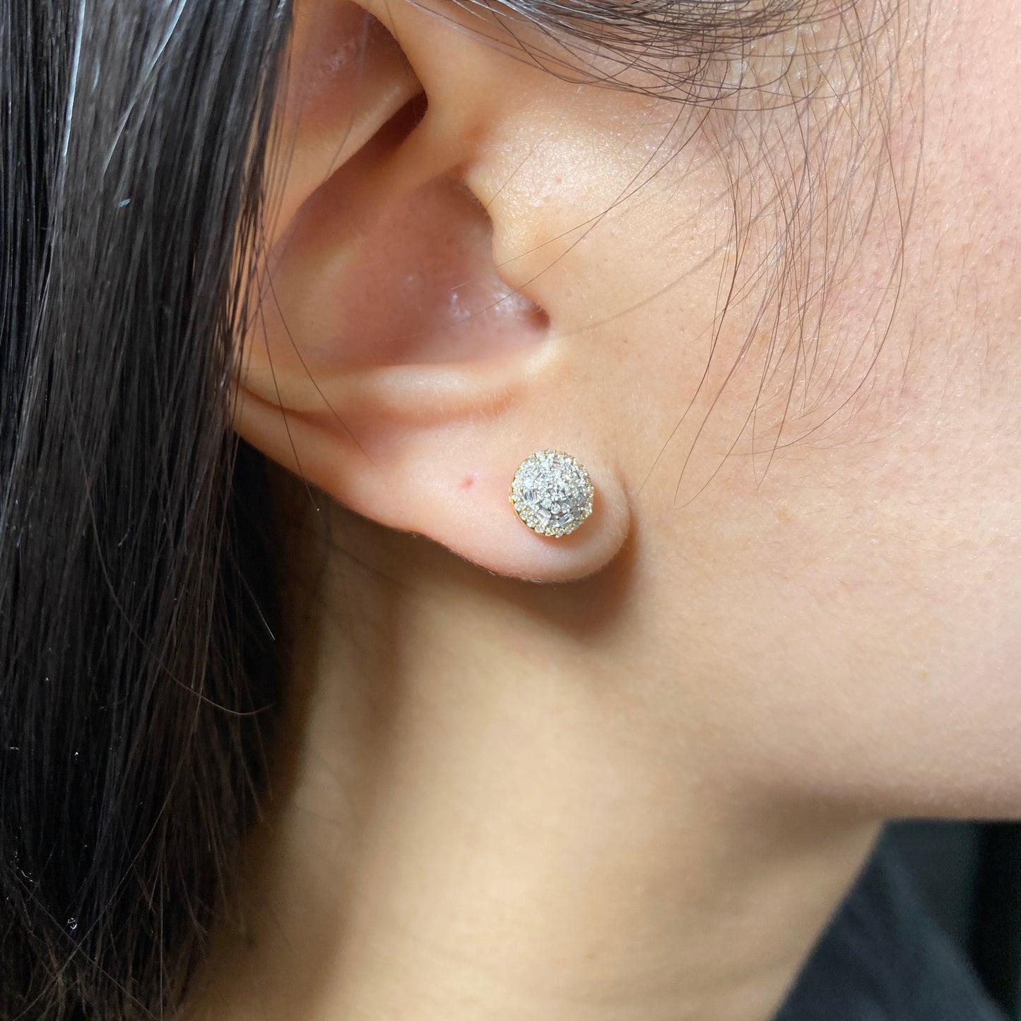 14K Gold 3D Circle Halo Diamond Baguette Earrings