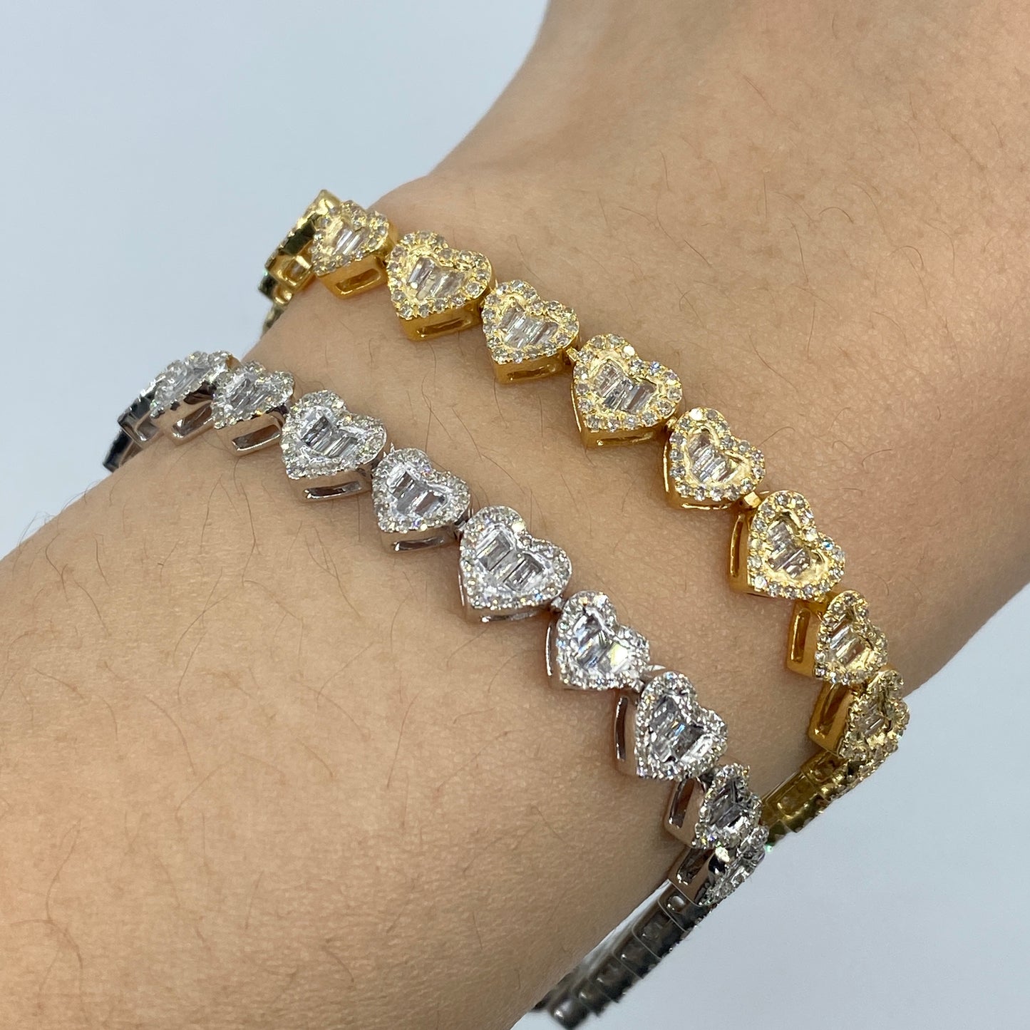 10K 6.5MM Heart Link Diamond Baguette Bracelet 7"