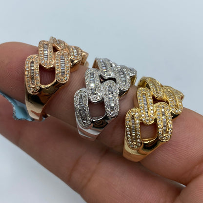 14K Round Diamond Baguette Cuban Link Ring 1.6ct