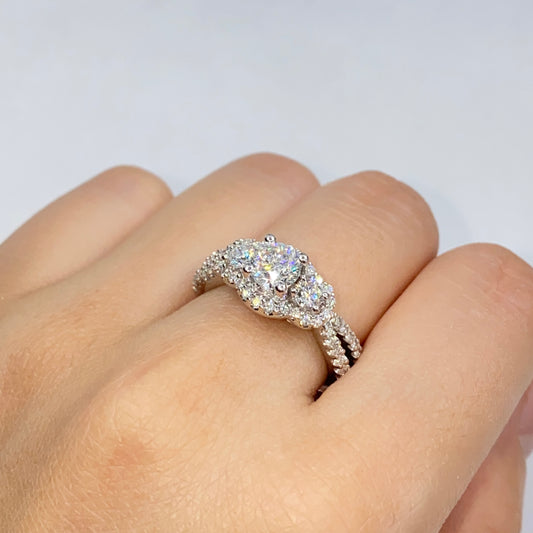 14K Three Stone Halo Diamond Engagement Ring