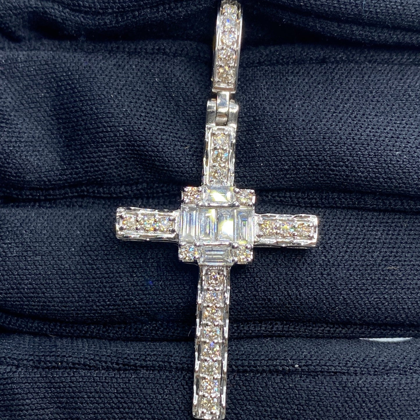 10K Budded Cross Square Diamond Baguette Pendant