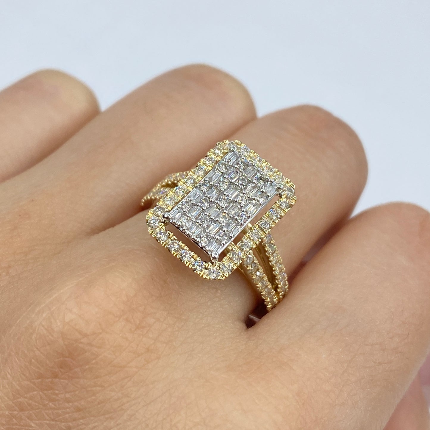 14K Rectangle Halo Diamond Baguette Ring