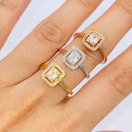 14K Palace Square Halo Diamond Baguette Engagement Ring