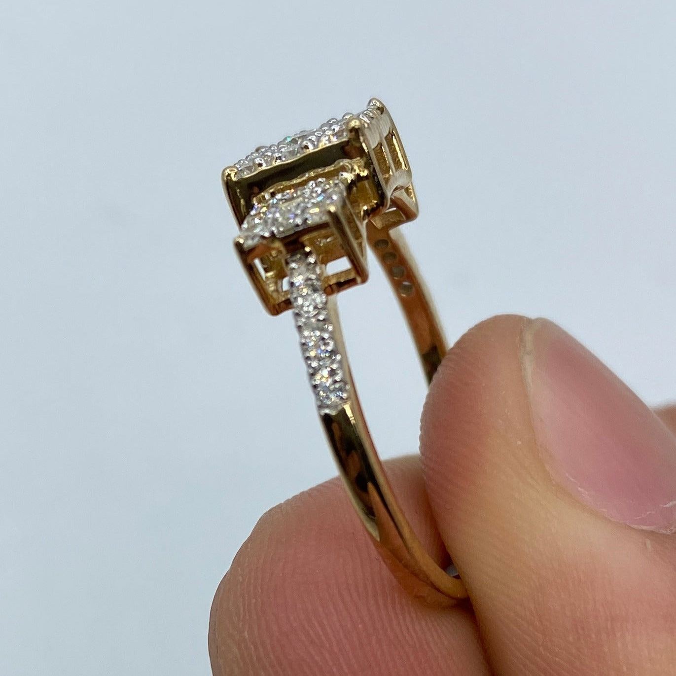 14K Tri-stone Square Cluster Diamond Engagement Ring