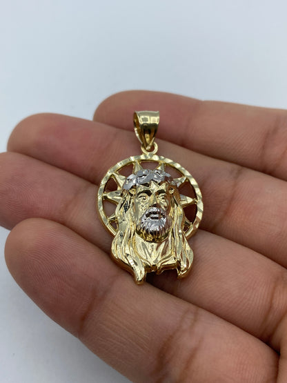 14K Jesus Head With Halo Pendant 1.5"