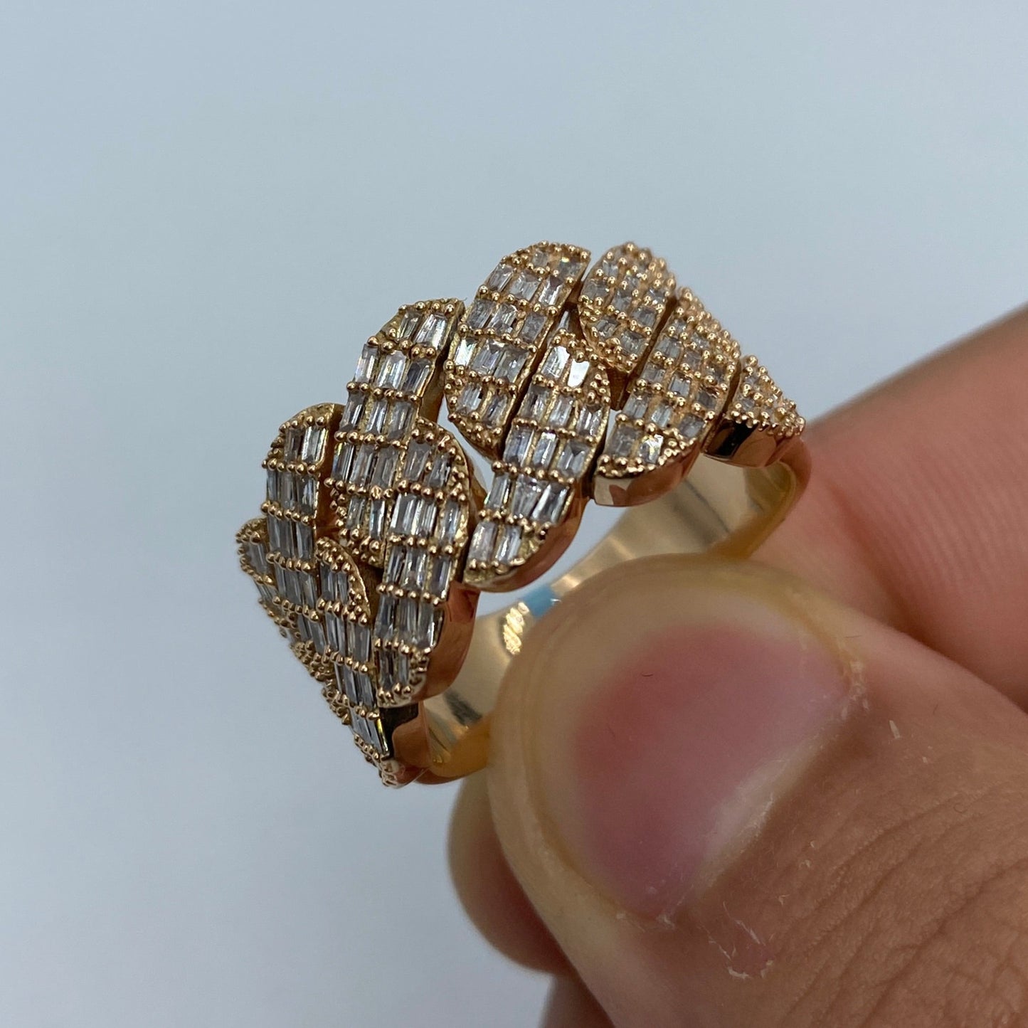 14K Gold 13MM Snake  Cuban Link Diamond Baguette Ring